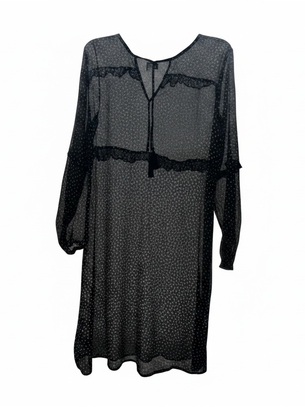 Sheer Black Long Sleeve Mini Dress with Tassel Tie 100% silk‎ Garnet Hill